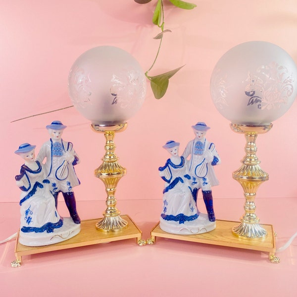 Lampe de table en porcelaine, homme et femme musiciens, lampe boule or, lampe de chevet céramique, kitsch vintage