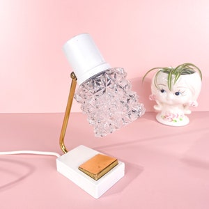 vintage bedside lamp, white, gold, 70s