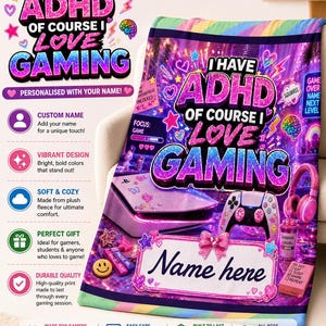 Personalized ADHD Gamer Girl Blanket, Kawaii Rainbow Kitty Fleece, Gaming Room Decor