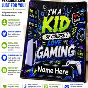 Personalized Gaming Fleece Blanket | "I'm A Kid" Quote, Custom Name, Cozy Throw