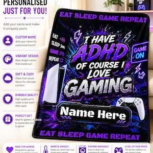 Personalized Gaming Blanket | ADHD Gamer Fleece Throw, Custom Name Gift