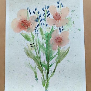 Aquarelle originale pour carte postale - Fleurs roses et bleues signées