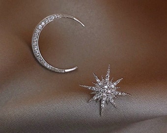 Handmade Sterling Silver Moon & Star Celestial Stud Earrings - Dainty Asymmetrical Sparkly Crystal Beaded Earrings