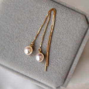 Delicate 18K Yellow Gold Plated Silver Threader Earrings w/ Freshwater Pearl Pendant