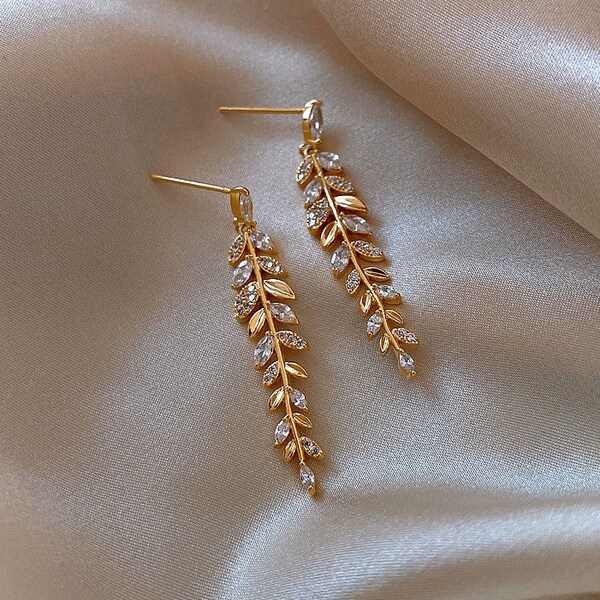 14K Yellow Gold Plated Dainty Crystal Leaves Drop Earrings - Sparkly Beaded Vine Dangle Earrings