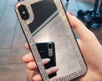 Bling Crystals Framed Mirror Back Phone Case - Sparkly Diamond Effect Black iPhone X / 11 / 12 / 13 / 14 / Pro / Pro Max Phone Cover