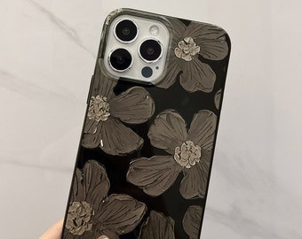 Funda para teléfono con estampado de arte floral texturizado con efecto de pintura al óleo - iPhone X / 11/12/13/14/15 / Pro / Pro Max Funda para teléfono negra