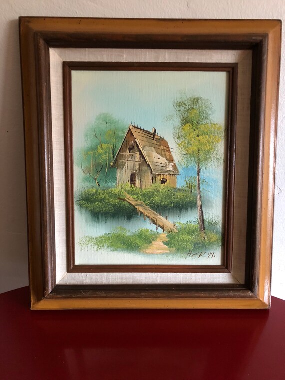 Vintage Oil On Canvas Painting Of Cabin In The Woods Scene Etsy