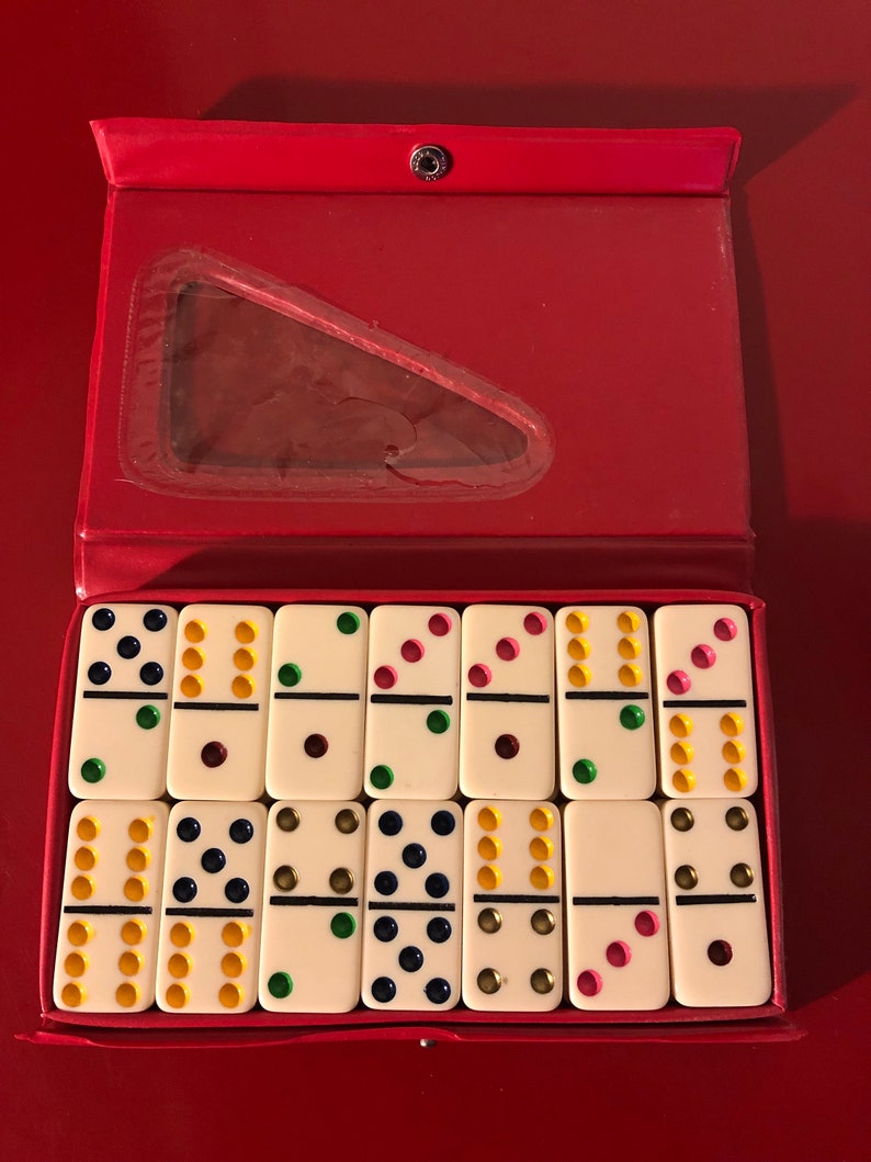 Vintage Set of 28 Dominos in Original Case Resin Double Six Standard