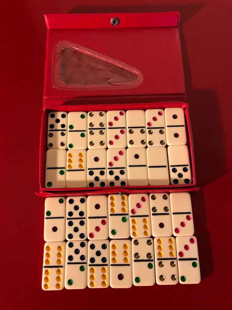 Vintage Set of 28 Dominos in Original Case Resin Double Six Standard