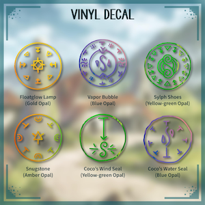 Könnte beinhalten: Ein Bogen Vinyl-Aufkleber mit sechs kreisförmigen Designs. Die Aufkleber zeigen Symbole und Text, darunter "Floatglow Lamp", "Vapor Bubble", "Sylph Shoes", "Snugstone", "Coco's Wind Seal" und "Coco's Water Seal".