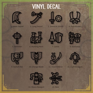 Könnte beinhalten: Ein Diagramm mit Schwarzweiß-Illustrationen verschiedener Waffentypen aus der Monster Hunter-Videospielserie. Die Waffen sind mit ihren Namen beschriftet: Großschwert, Langschwert, Schwert & Schild, Doppelschwerter, Hammer, Jagdhorn, Lanze, Kanonenlanze, Schalter-Axt, Lade-Klinge, Insekten-Glaive, Leichte Bogenwaffe, Schwere Bogenwaffe und Bogen.