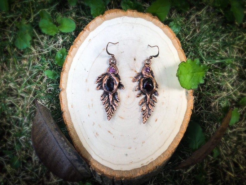 Real Fern Earrings Electroformed Copper with Deep Red Garnets and Dark Pink Tournaline