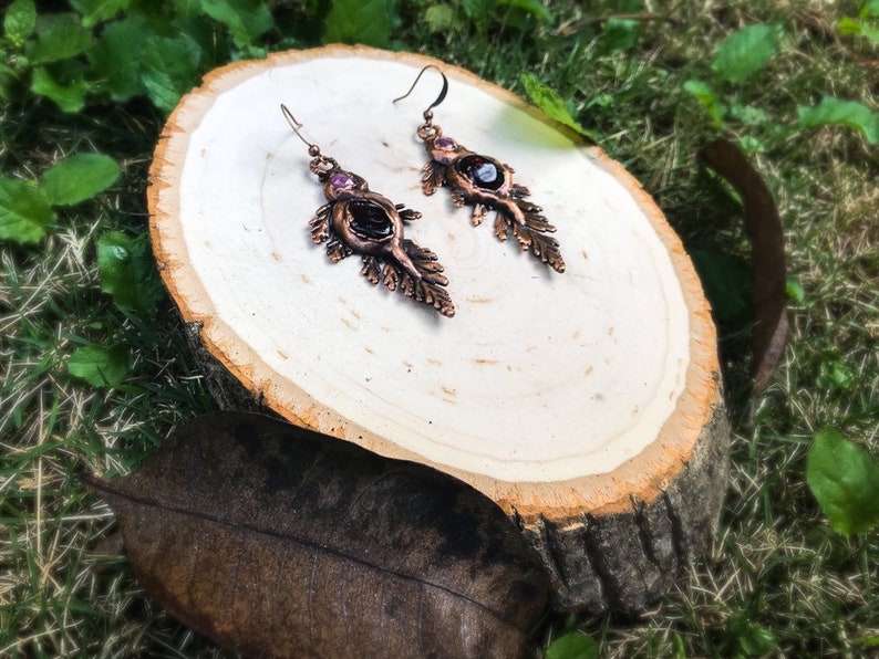 Real Fern Earrings Electroformed Copper with Deep Red Garnets and Dark Pink Tournaline