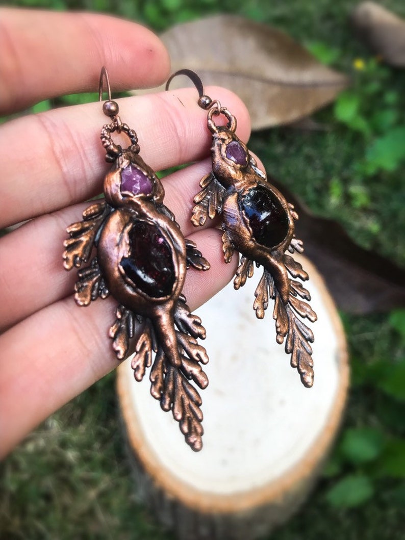 Real Fern Earrings Electroformed Copper with Deep Red Garnets and Dark Pink Tournaline