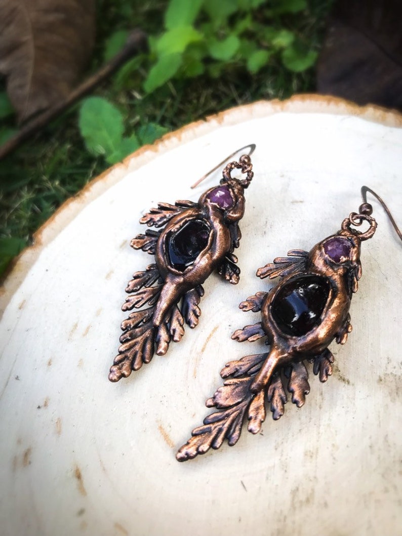 Real Fern Earrings Electroformed Copper with Deep Red Garnets and Dark Pink Tournaline