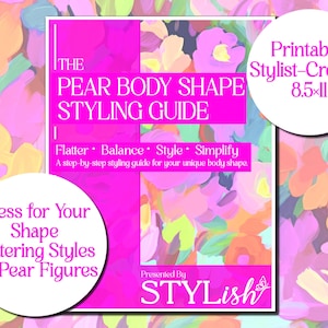 Op de afbeelding: Een afdrukbare stylinggids voor peervormige lichaamsvormen. De gids heeft een roze en bloemig ontwerp met de tekst "The Pear Body Shape Styling Guide" en "Dress for Your Shape Flattering Styles for Pear Figures". De gids is 21,6 x 27,9 cm groot.
