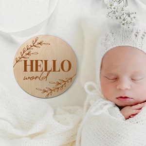 Vintage Vine Birth Announcement Wood Discs - New Baby Girl Plaque - Hello World Sign Shower Gift - Engraved Wooden Card Marker Photo Prop 3