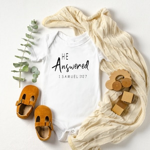 QUICK SHIP Bible Verse He Answered Prayer Pregnancy Announcement Baby Onesie Bodysuit Baby Shower Gift Baby Announcement - Pregnancy Reveal