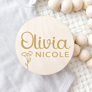 CUSTOM Birth Announcement Plaque - Newborn Wood Disc Birth Stat Circle - Baby Shower Name Gift -Engraved Etched Photo Prop Wildflower B Vine