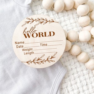 Disques en bois pour faire-part de naissance de bébé - carte étape - cadeau de douche signe Hello World - marqueur de carte en bois gravé à l'eau-forte, accessoire photo Danity