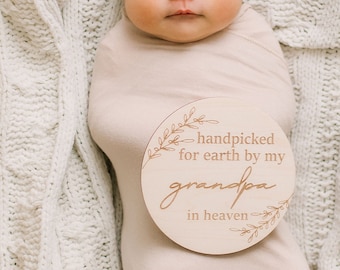 Handpicked for Earth By Grandpa in Heaven - Birth Announcement Plaque - Angel - Newborn Sign - Pregnancy Announcement - Engraved Photo Prop