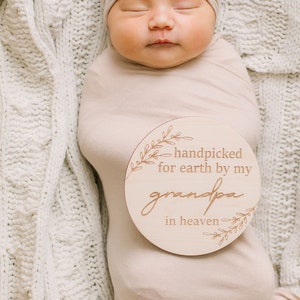 Handpicked for Earth By Grandpa in Heaven - Birth Announcement Plaque - Angel - Newborn Sign - Pregnancy Announcement - Engraved Photo Prop