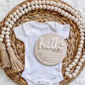 Newborn Hosptial Birth Stat Circle - Baby Birth Announcement - Wood Milestone Card - Hello World Sign - 3D Wood Photo Prop - Shower Gift