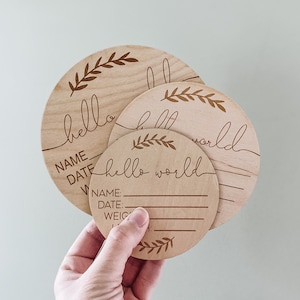 Baby Birth Announcement Wood Discs - Milestone Card - Hello World Sign Shower Gift - Engraved Etched Wooden Card Marker Photo Prop