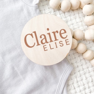 Baby Announcement - Wood Birth Stat Circle - Custom Baby Name Sign - Shower Gift - Engraved Plaque - Milestone Disc Photo Prop - A1
