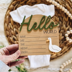 Faire-part de naissance d'oie, panneau d'hôpital en bois - cercle de statistiques de naissance nouveau-né - carte d'étape importante - panneau Hello World - accessoire photo 3D en bois avec noeud