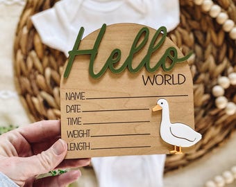 May include: Wooden baby announcement sign with a green "Hello World" inscription and a white duck illustration. The sign has blank lines for name, date, time, weight, and length.