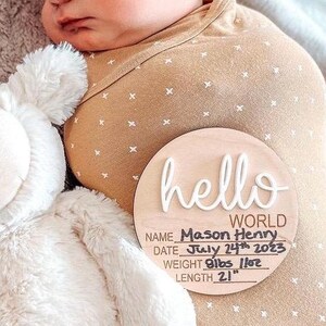 Disque en bois 3D pour faire-part de naissance de bébé - cercle de statistiques de naissance nouveau-né - carte d'étape importante - panneau de l'hôpital Hello World - souvenir de statistique de naissance en bois
