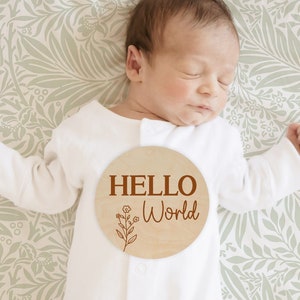 Baby Wildflower Birth Announcement Wood Discs - New Baby Plaque - Hello World Sign Shower Gift - Engraved Wooden Card Marker Photo Prop 1