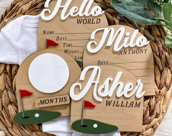 Golf Baby Nursery Sign - Birth Announcement Photo Prop - Engraved Photo Prop - Wood Plaque - Hospital Keepsake - Future Golfer Stat Round