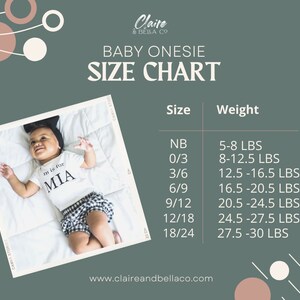 May include: Baby onesie size chart with a photo of a baby wearing a white onesie that says "m is for MIA". The chart lists sizes NB to 18/24 months and corresponding weights in pounds. The brand name "Claire & Bella Co" is at the top.