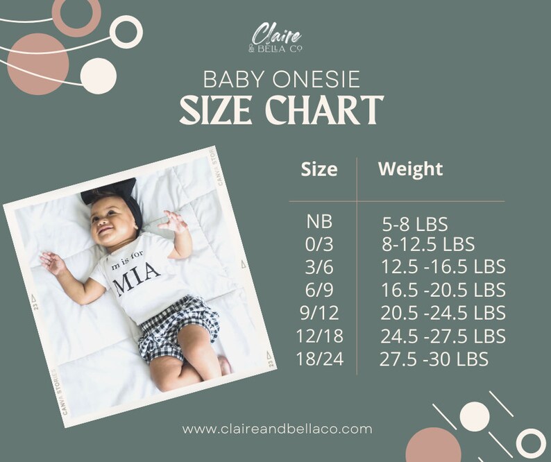 May include: Baby onesie size chart with a photo of a baby wearing a white onesie that says "m is for MIA". The chart lists sizes NB to 18/24 months and corresponding weights in pounds. The brand name "Claire & Bella Co" is at the top.