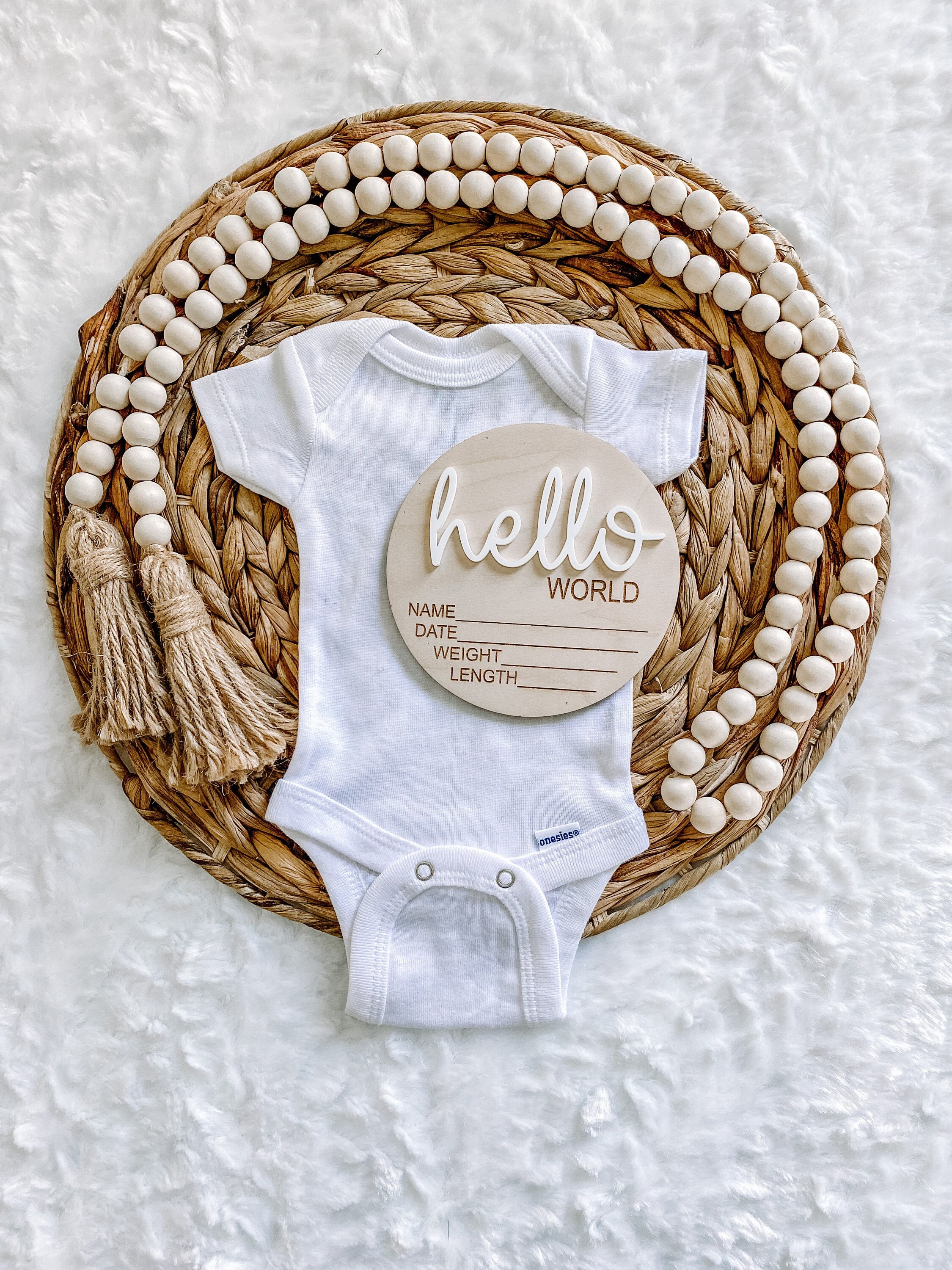 Newborn Hosptial Birth Stat Circle - Baby Birth Announcement - Wood Milestone Card - Hello World Sign - 3D Wood Photo Prop - Shower Gift