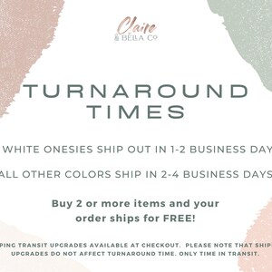 May include: A graphic with text about turnaround times for onesies. White onesies ship in 1-2 business days, other colors in 2-4 days. The text is set against a soft, neutral background with abstract shapes and the brand name.