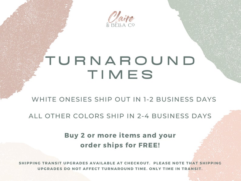 May include: A graphic with text about turnaround times for onesies. White onesies ship in 1-2 business days, other colors in 2-4 days. The text is set against a soft, neutral background with abstract shapes and the brand name.
