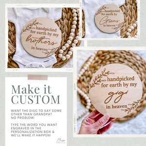 Peut inclure: Trois disques en bois avec le texte "handpicked for earth by my" suivi d'un nom. Les noms sont "brothers", "Grams" et "gigi". Chaque disque a un motif floral et le texte "in heaven".