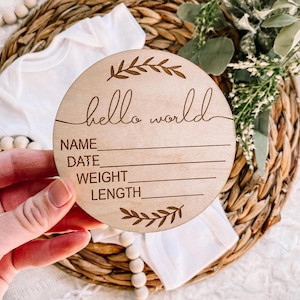 Disques en bois pour faire-part de naissance - carte jalon - cadeau de douche signe Hello World - marqueur de carte en bois gravé, accessoire photo