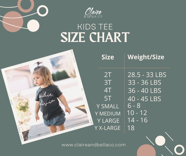 May include: A kids tee size chart with a dark green background and white text. It features a photo of a child wearing a dark grey t-shirt with white script text. The chart lists sizes 2T through 5T with weights in lbs, and Y Small to Y X-Large.