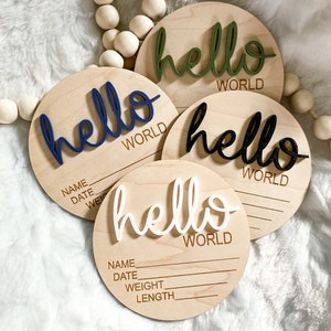 Baby Birth Announcement Wood Disc - Newborn Birth Stat Circle - Milestone Card - Hello World Hospital Sign - 3D Wood Photo Prop - Plaque