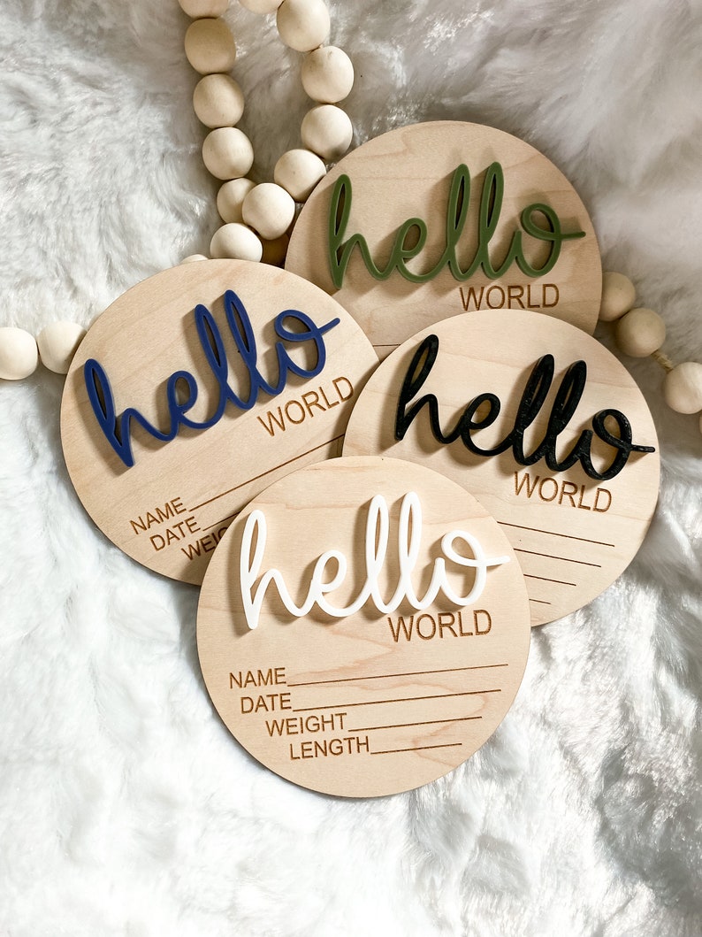 Disque en bois pour faire-part de naissance de bébé cercle de statistiques de naissance nouveau-né carte d'étape importante panneau de l'hôpital Hello World accessoire photo 3D en bois Plaque image 1