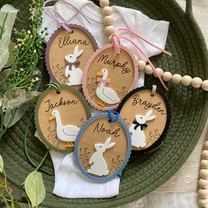 Custom Easter Basket Tag - Bunny Name Tag - Easter Rabbit Monogram Decor - Personalized Kids Easter Gift Tag - 3D engraved - Goose with Bow