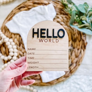 Panneau moderne en bois pour faire-part de naissance d'hôpital - cercle de statistiques de naissance nouveau-né - carte d'étape importante - panneau Hello World - accessoire photo 3D en bois - garçon