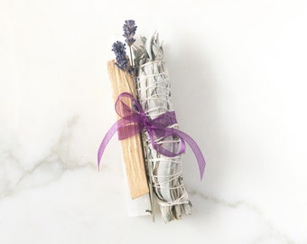 Sage Smudge Cleansing Kit with Palo Santo, Selenite, and Lavender/ Energy Cleansing Kit/ House Cleansing & Blessing Kit