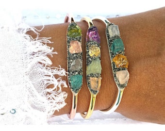 Custom Family Birthstone Cuff Bracelet, Personalized Crystal Jewelry