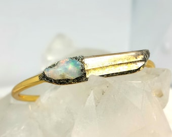 October Birthday, Raw Opal Crystal Cuff Bracelet with Clear Quartz, October Birthstone Bracelet, Opal Jewelry, Gift For Her